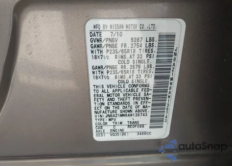 2010 Nissan Murano S из США, поврежденный, VIN JN8AZ1MW8AW138743